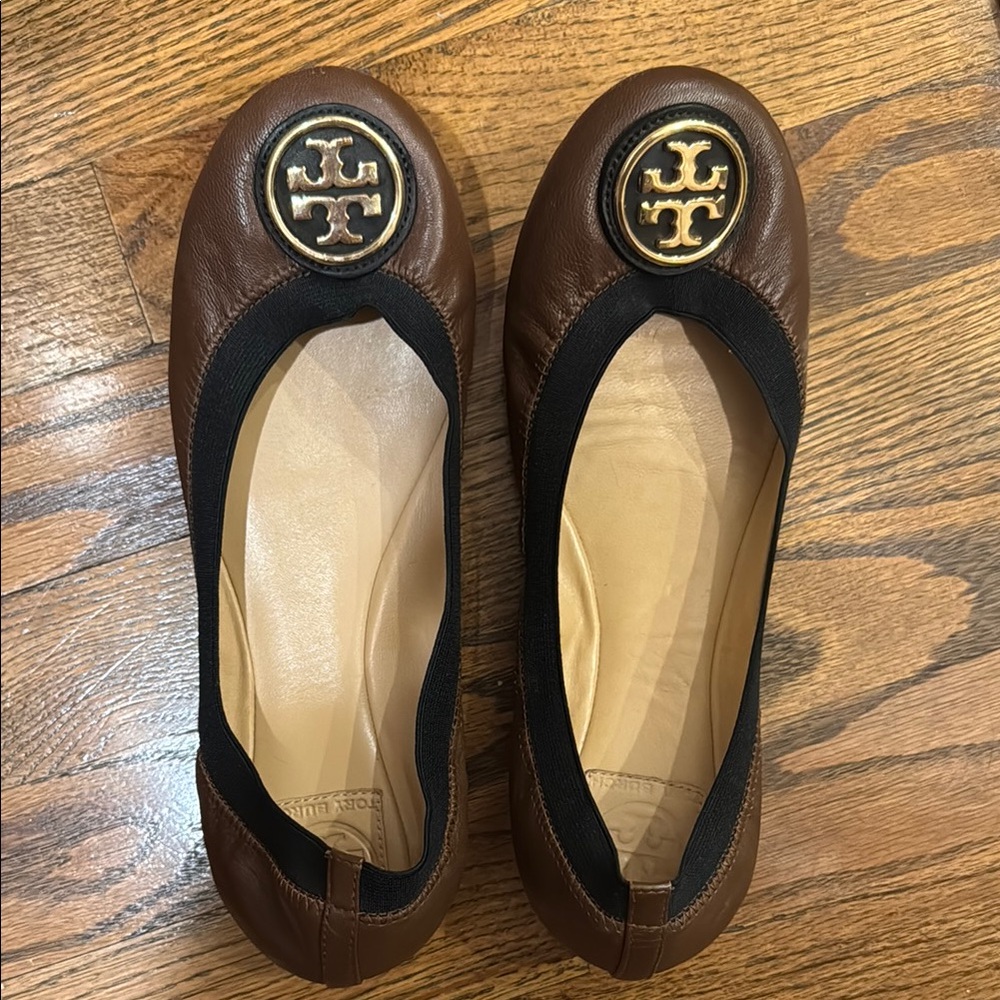 Tory Burch Brown Flats with Gold Emblem